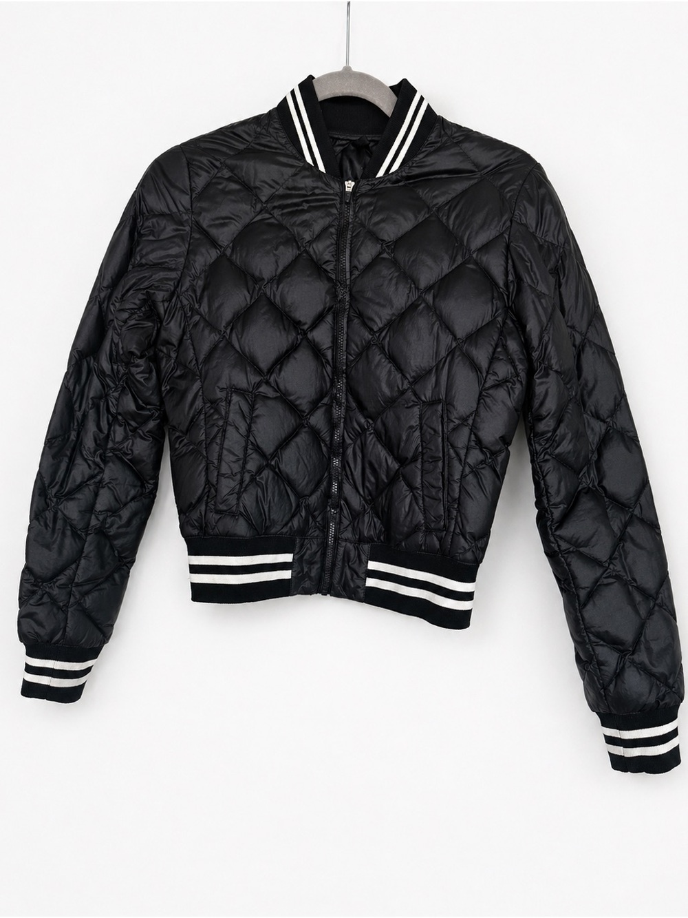 TNA Black Quilted Cropped Bomber Puffer Jacket Down Fill XS/S